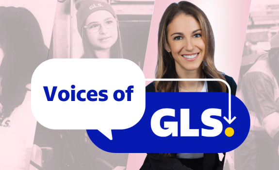 Pink background with images of GLS women at work on which we read 