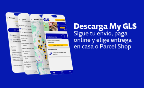Pantalla de la app My GLS de GLS mostrando seguimiento de envíos, pago online y elección de entrega en domicilio o Parcel Shop desde el móvil.