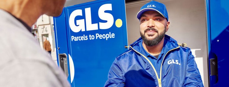 Repartidor de GLS entregando un paquete a un cliente frente a una furgoneta azul de GLS, servicio de mensajería y envío de paquetes